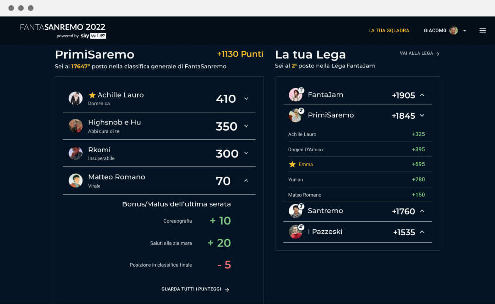 fantasanremo 2022 application screen 2